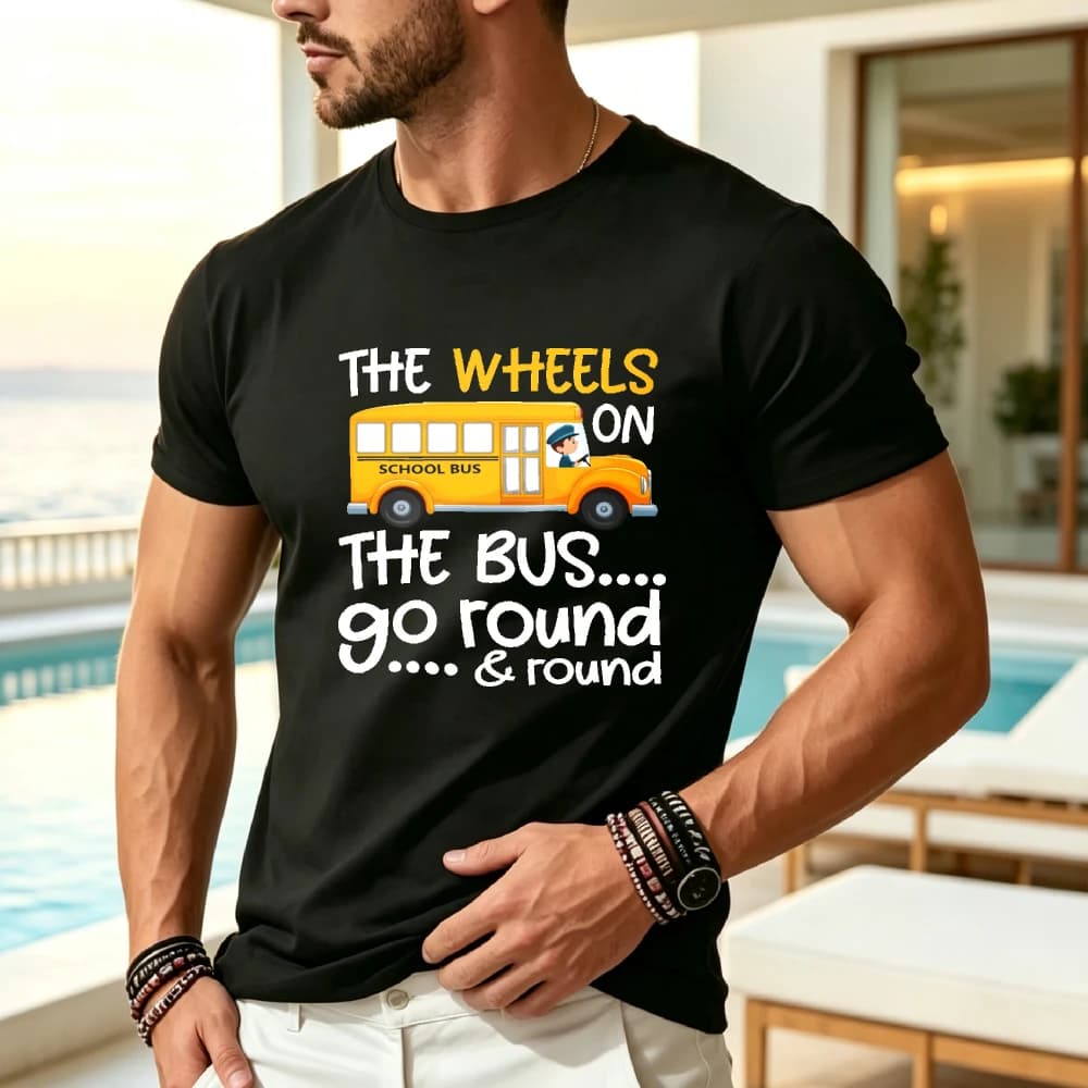Plus Size Plus Size Unisex'S S' Wheels on The Bus Graphic Tshirt Oversized 1XL 180Gsm Soft Fabric Black with Yellow Bus Playful Text Design Back to Birthday Anniversary Saretro Casual Short-Sleeved T-Shirt with a Round Neck And Printed Pattern Suita