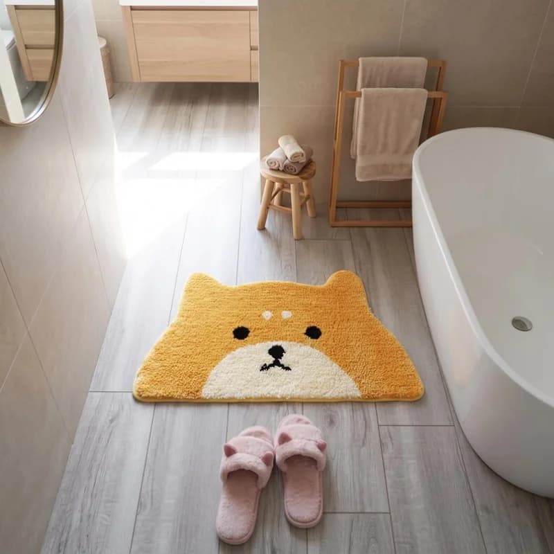 VIKAMA Kawaii Cartoon Shiba Inu Bath Mat Soft Plush Non Slip Water Absorbent Doormat Cute Animal Rug Home Decoration