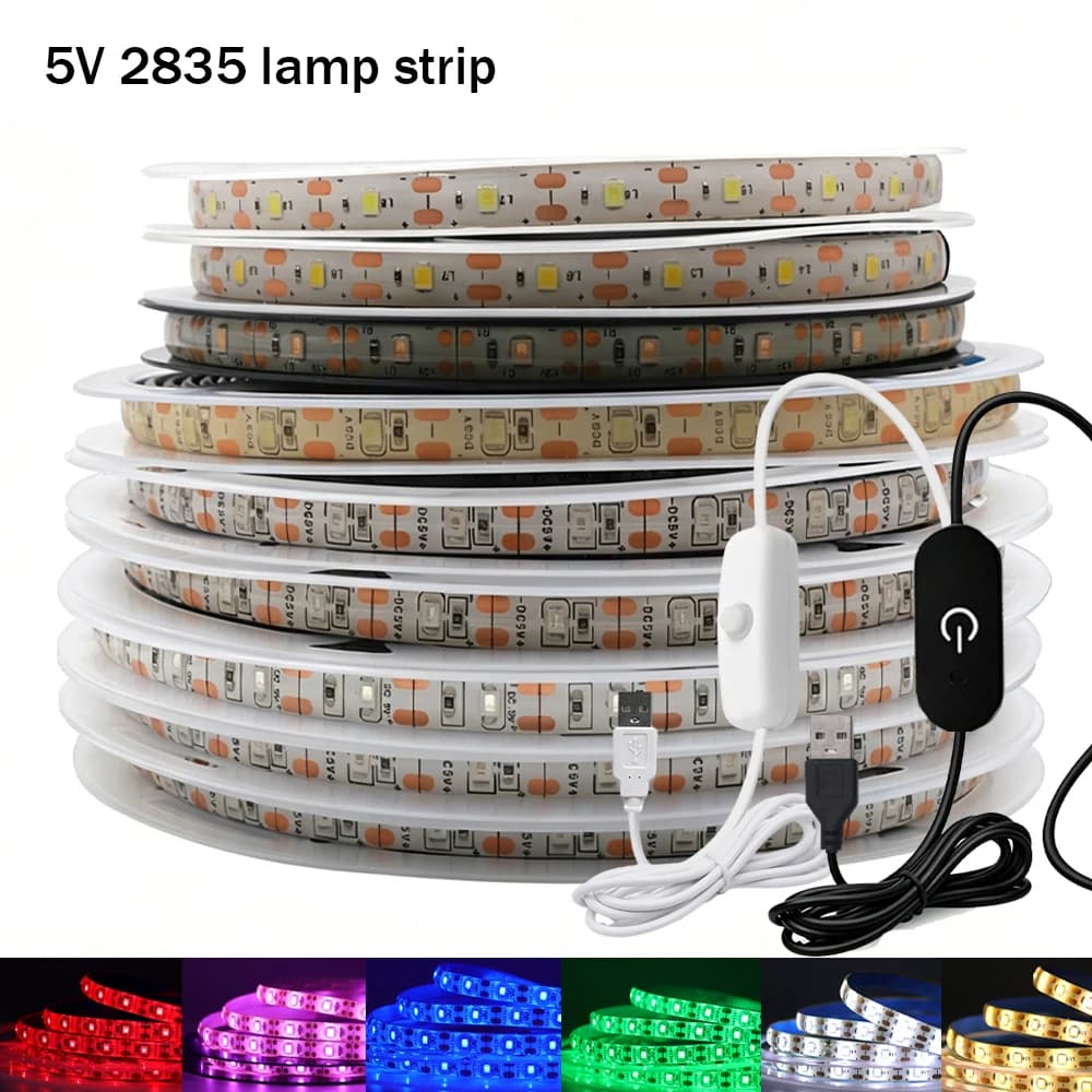 Striscia LED Dimmerabile USB 5V, 2835 60LED/m, Kit con Interruttore Touch Dimmer, Lampada Notturna Impermeabile per Decorazione Sotto Mobili, 0.5M 1M 5M