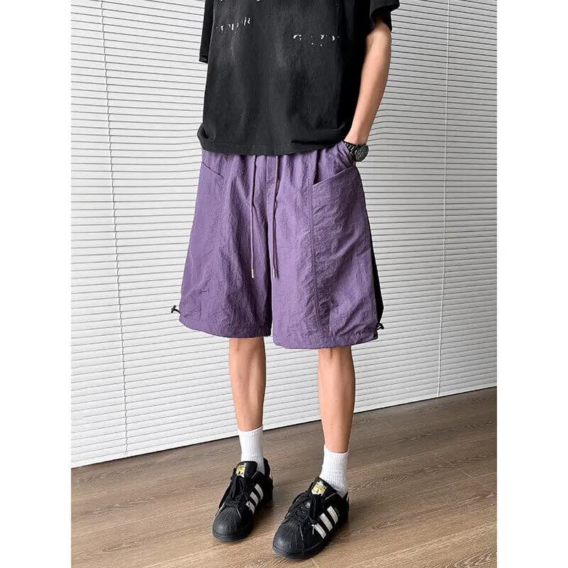 Men's Quick-Dry Cargo Shorts Elastic Waist Drawstring Loose Fit Solid Color Big Pocket Casual Workwear Short Pants M-5XL