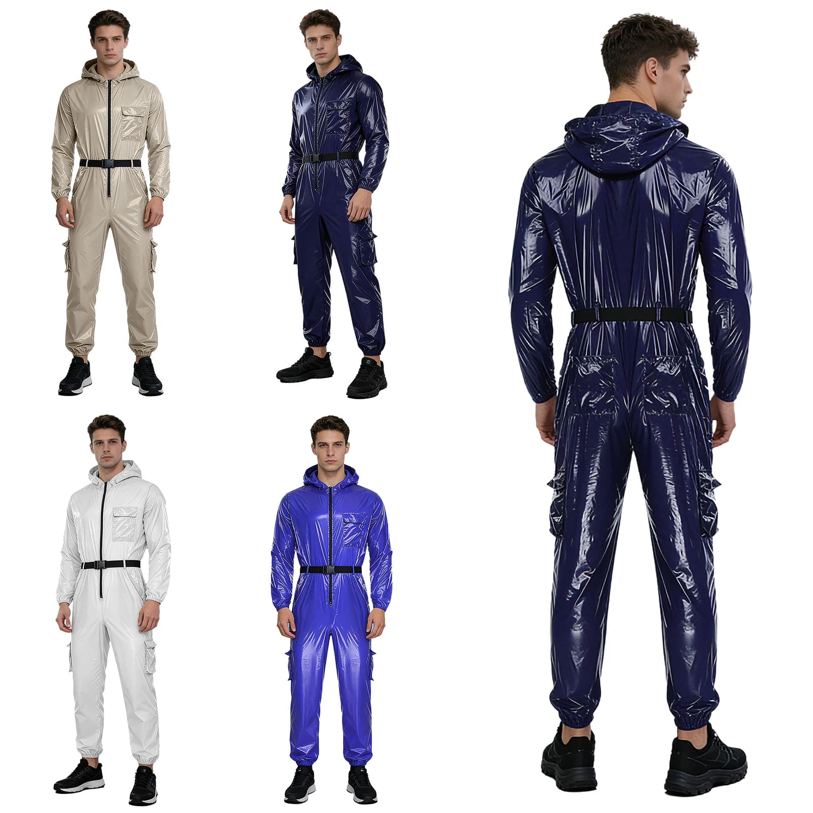 Tuta da Lavoro Impermeabile con Cappuccio per Uomo, Uniforme da Meccanico, Maniche Lunghe, Tasche con Zip, Tuta Intera con Cintura Elastica