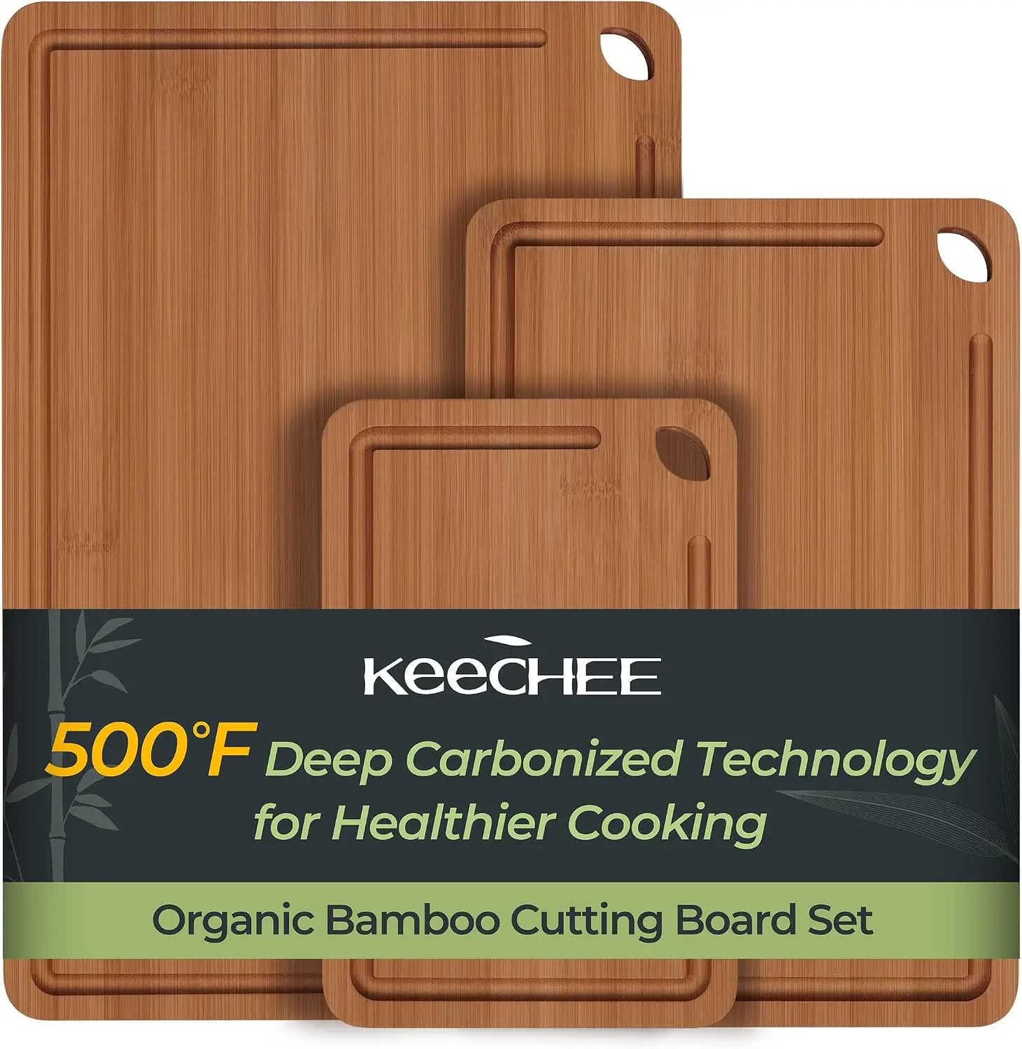 Bamboo Cutting Board Set - 3 Sizes with Juice Grooves & Handles for Kitchen