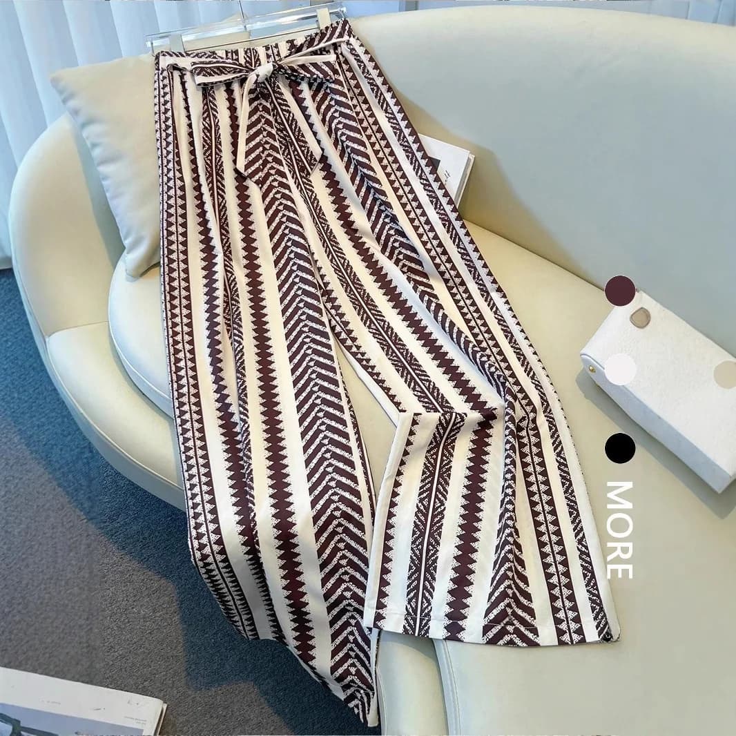 2025 New Women's Casual Print Beach Vacation Loose Leggings Fashionable Belted Casual Pants Ladies Summer Polyester Fiber