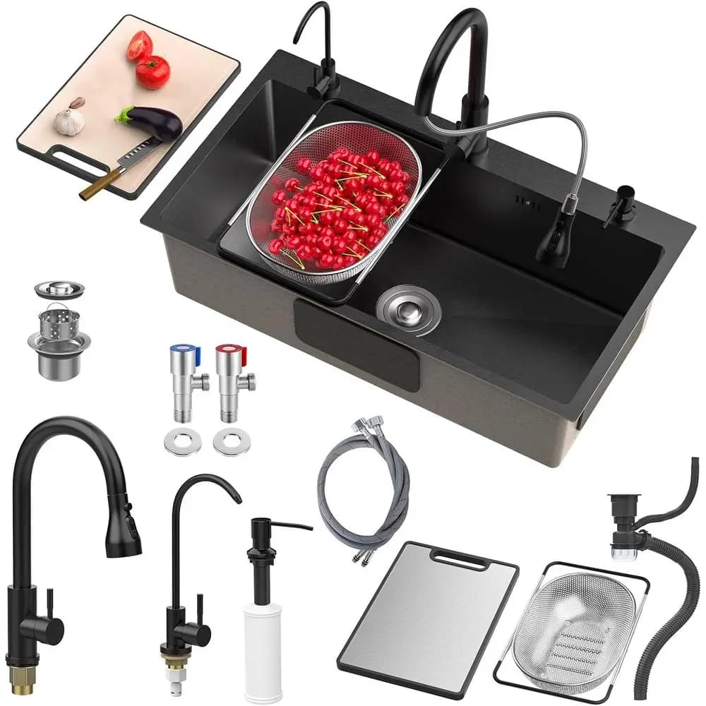 31.5x17.9 Black Stainless Steel Workstation Kitchen Sink Tech Coating Pull Out Waterfall Faucet Sliding Cutting Board Drain Basket Full Kit