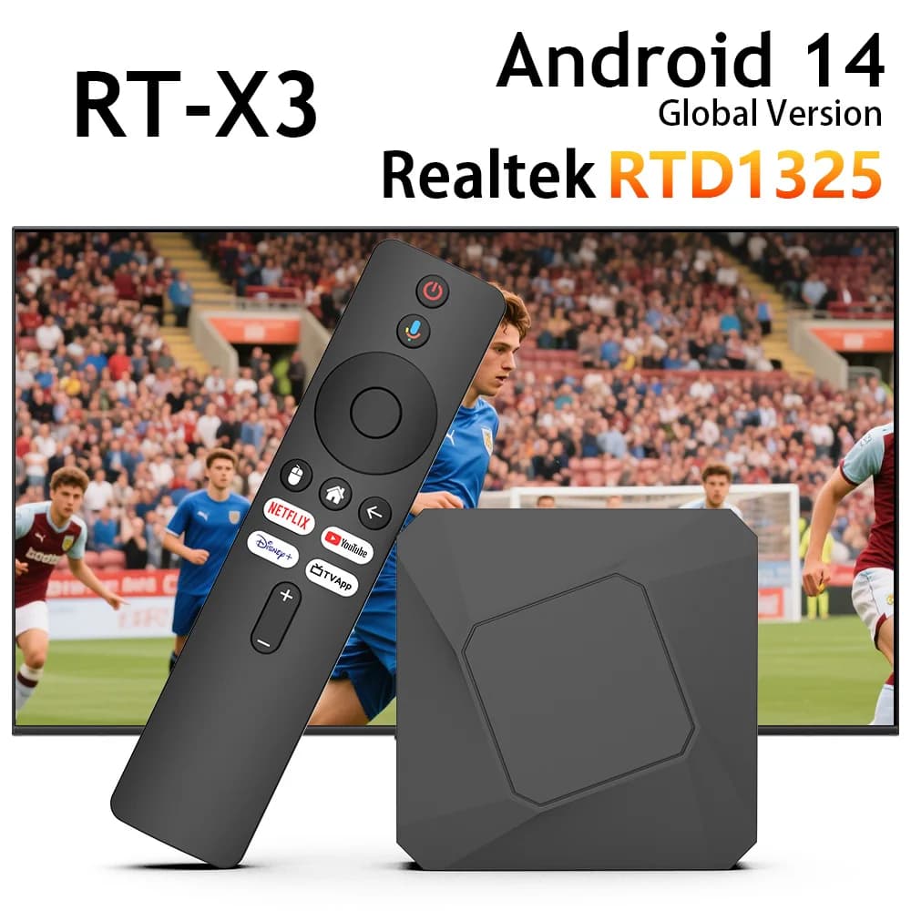 RT-X3 ATV System TV Box Android 14 con CPU Realtek1325, 4K HD, Wi-Fi 5G, 4GB RAM, 32GB ROM, Smart Set-Top Box con Telecomando Vocale BT