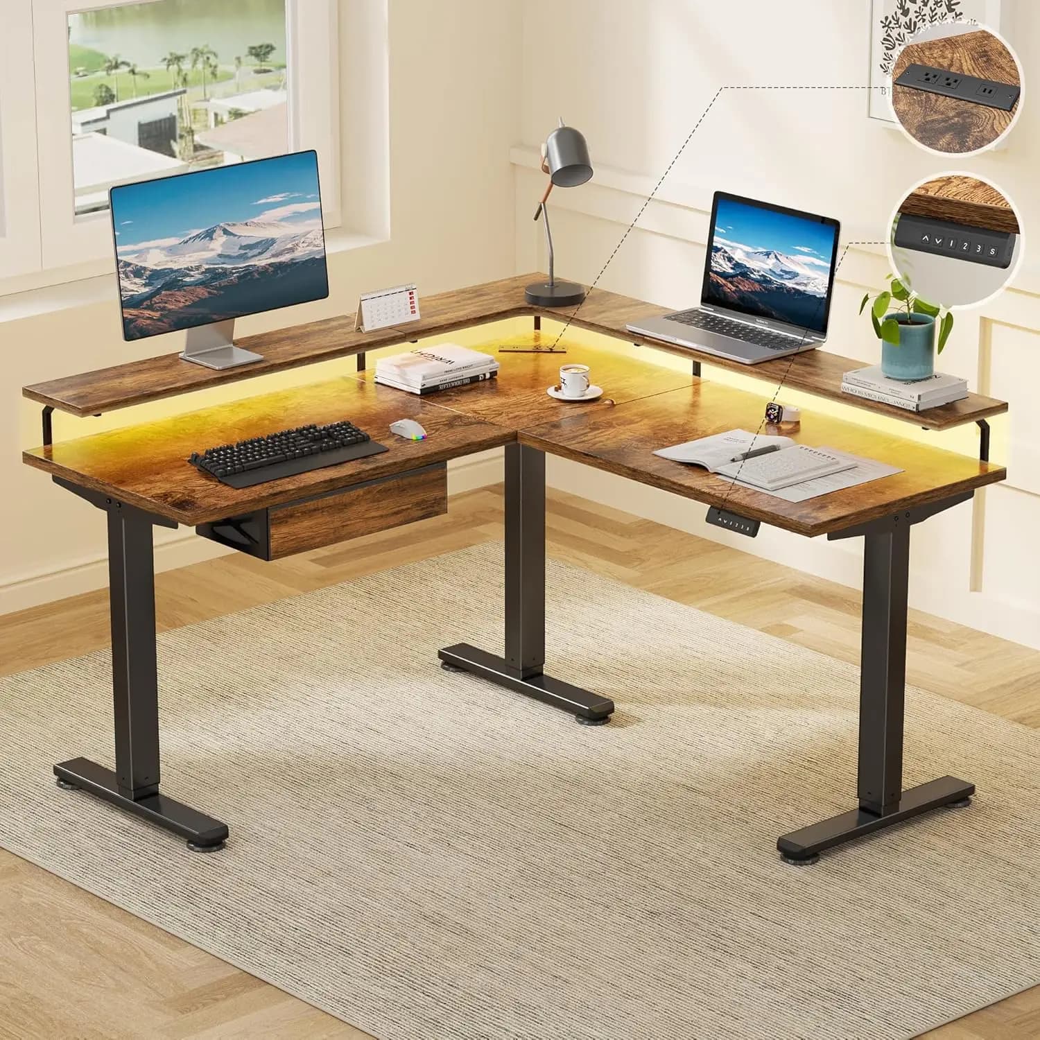 L-Shaped Electric Standing Desk 59in Monitor Shelf Drawers LED Power Outlet Adjustable Home Office, Customized