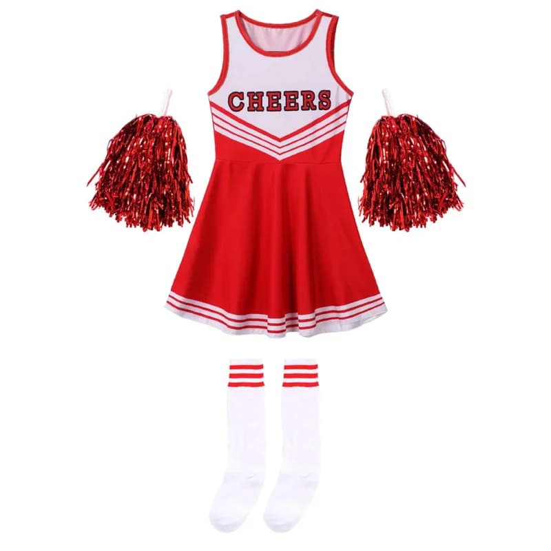 Costume da ballo senza maniche uniforme da cheerleader per ragazze Vestito da cheerleader per bambini Scollo rotondo Abito con stampa di lettere Fiore e calzini