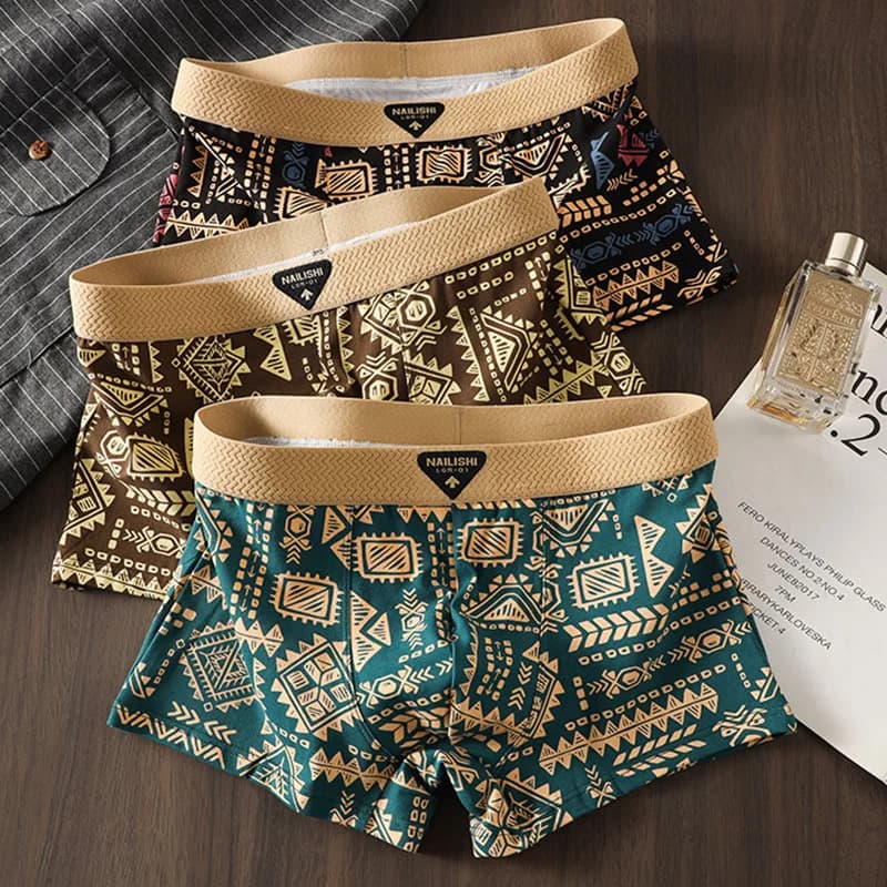Men's Underwear, Comfortable and Breathable Boxer Briefs, Trendy American Retro Ethnic Style, Mid-Rise Shorts, Men's Innerwear