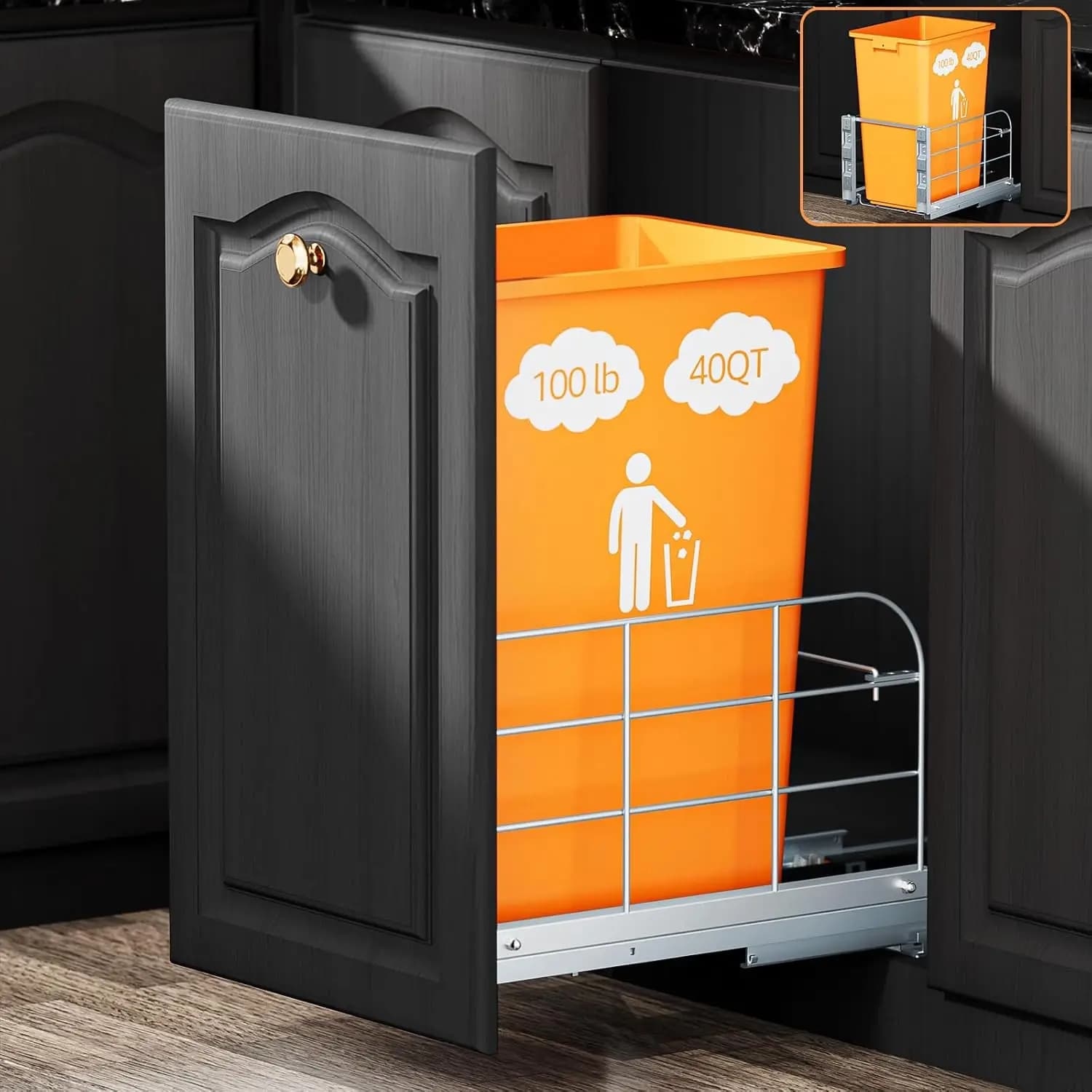 Cestino Estraibile Sottopensile con Guide a Chiusura Ammortizzata, Pattumiera da Cucina Resistente da 40 Qt