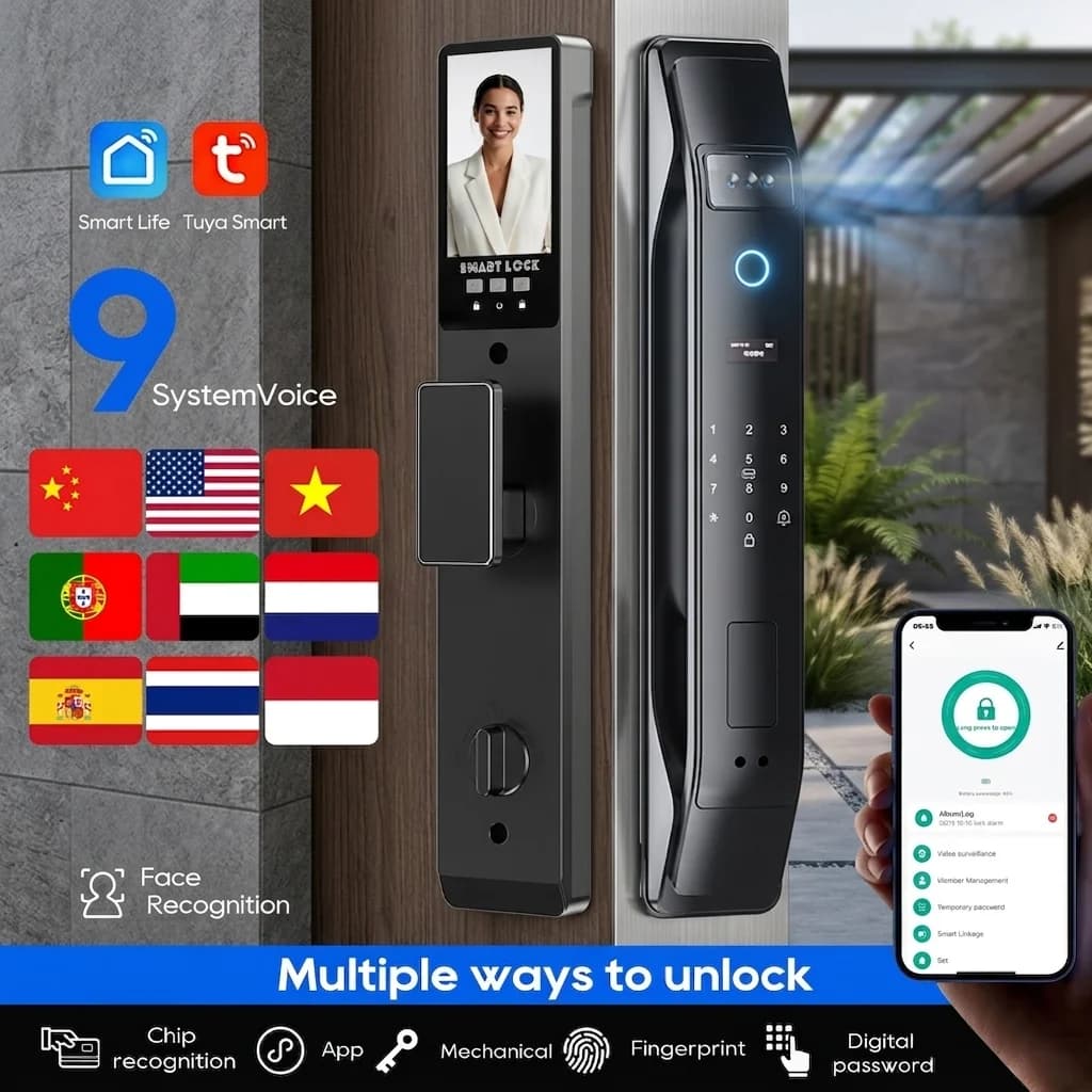 Serratura 3D con impronta digitale e riconoscimento facciale compatibile con Tuya, videocitofono biometrico con impronta digitale, serratura a mortasa 6068, 9 lingue, sblocco remoto WiFi, casa intelligente