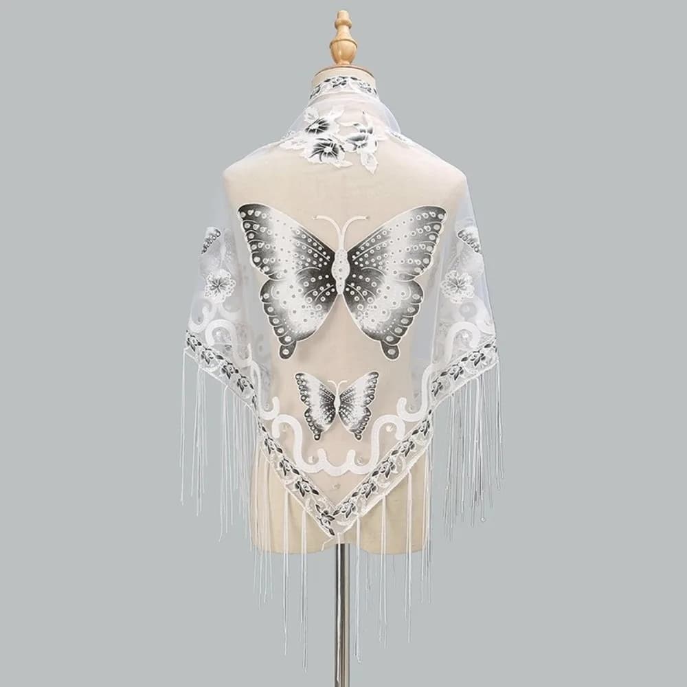 Luxury Flower Lace Hollow Scarf Butterfly Embroidery Tassel Triangle Shawl Wraps Polyester Mesh Scarves Bridal