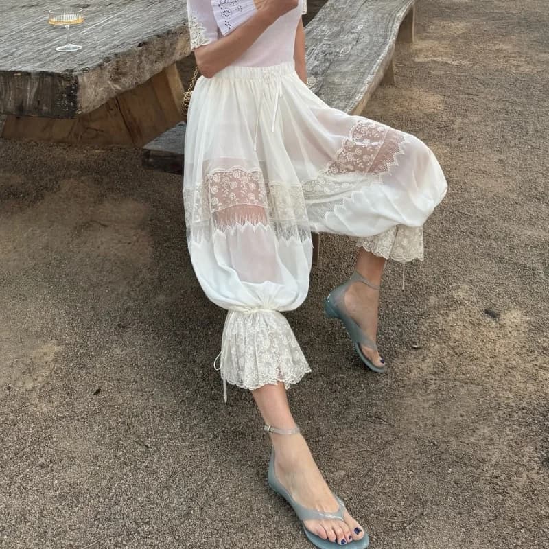 Donna Y2k Puffy Bloomers Pantaloni lunghi Patchwork di pizzo Bloomers larghi Pantaloni con volant a vita alta Pantaloni da donna Beach Palloncino lungo