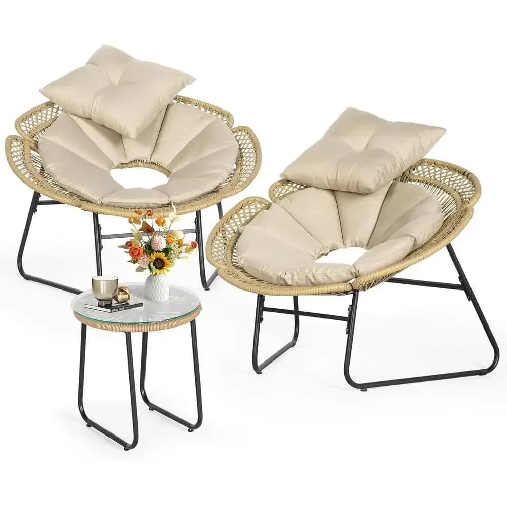 3-Piece Rattan Bistro Set with Cushions & Pillows, Wicker Patio Furniture Set for Balcony or Outdoor Spaces