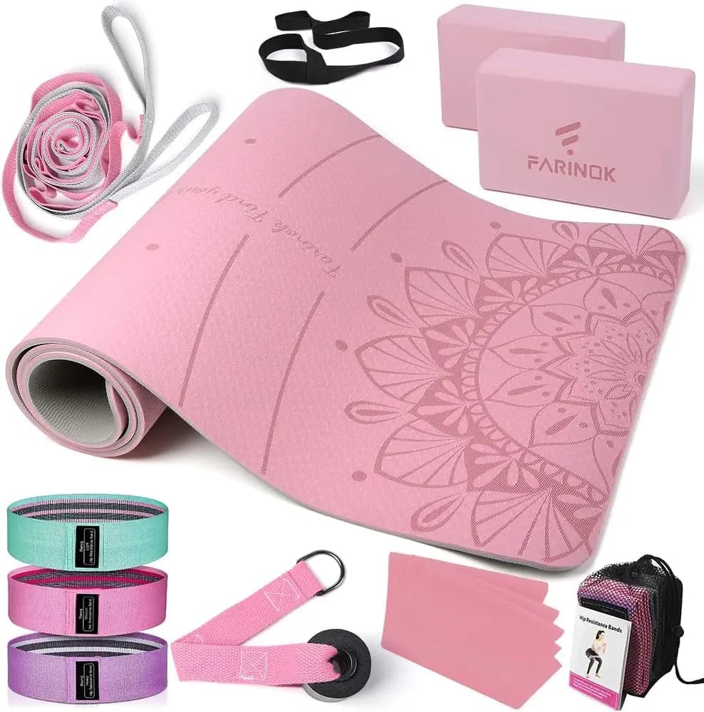 Set of thick yoga mats for beginners with blocks, resistance bands, belt and bag