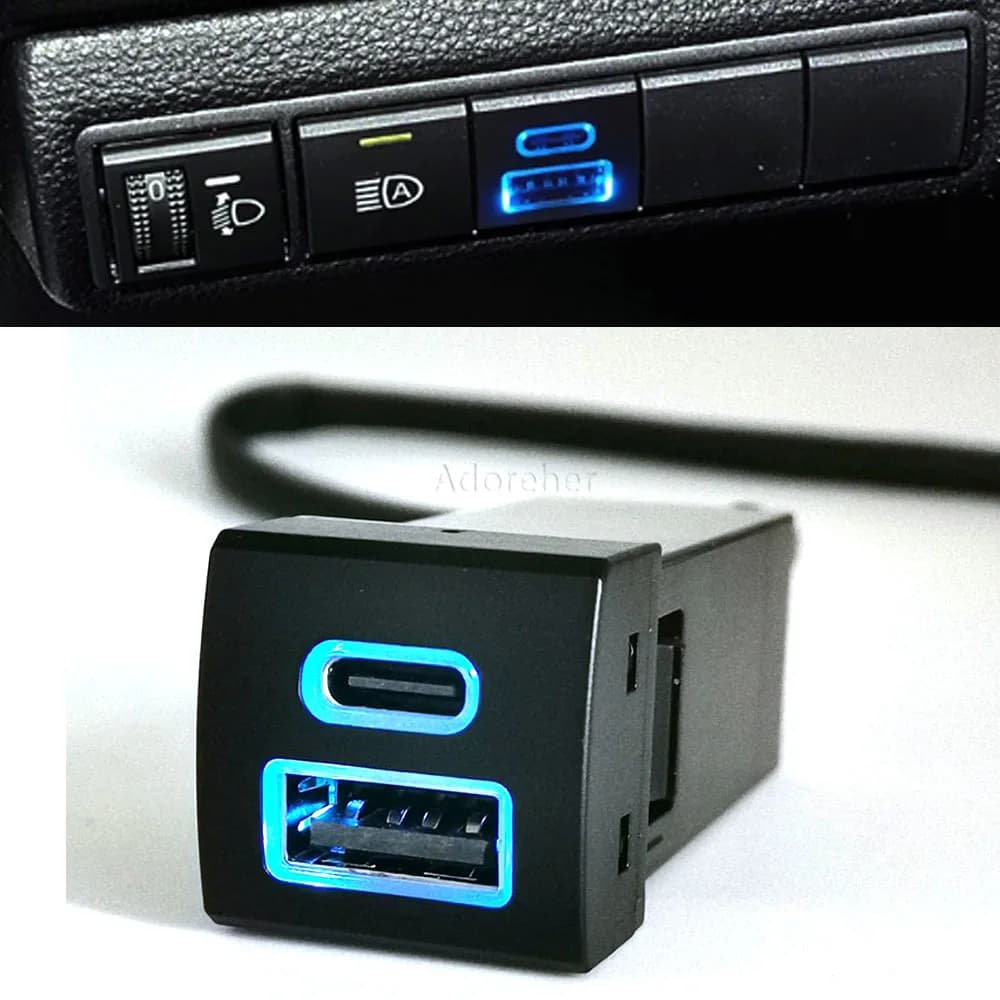 Blue LED Dual Phone Charger USB QC3.0 Type-C PD Size For Toyota Highlander Land Cruiser For Prado 150 Rav4 Camry