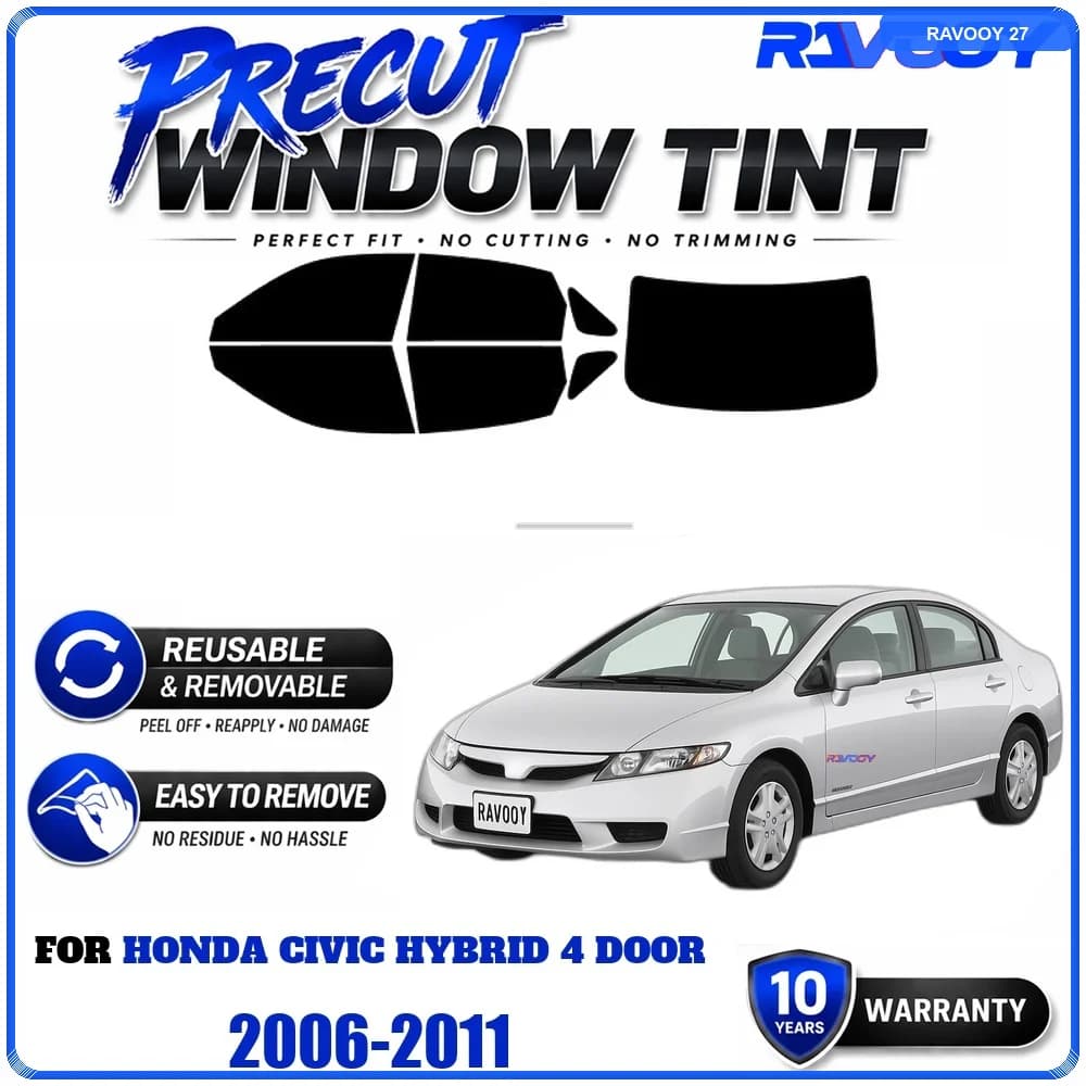 RAVOOY Precut Window Tint, Reusable Removable EPU Film, Custom Fit for Honda Civic Hybrid 4 Door 2006-2011, UV Heat Protection