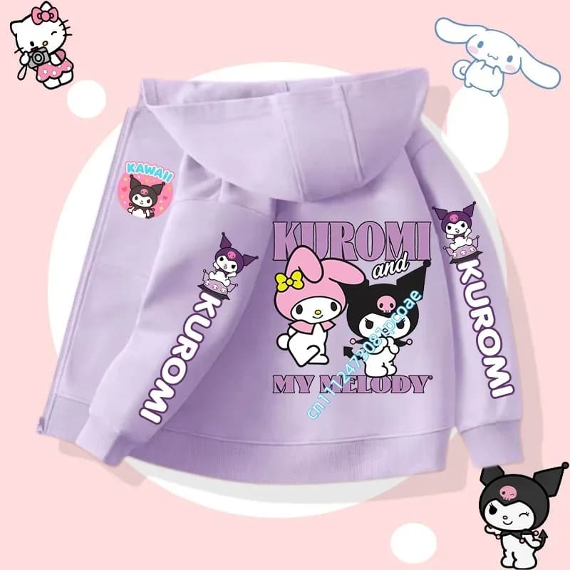 Giacca casual con cappuccio e cerniera per ragazze da 1 a 12 anni con grazioso design di Sanrio - cappotto autunno/inverno con stampa del cartone animato Kuromi