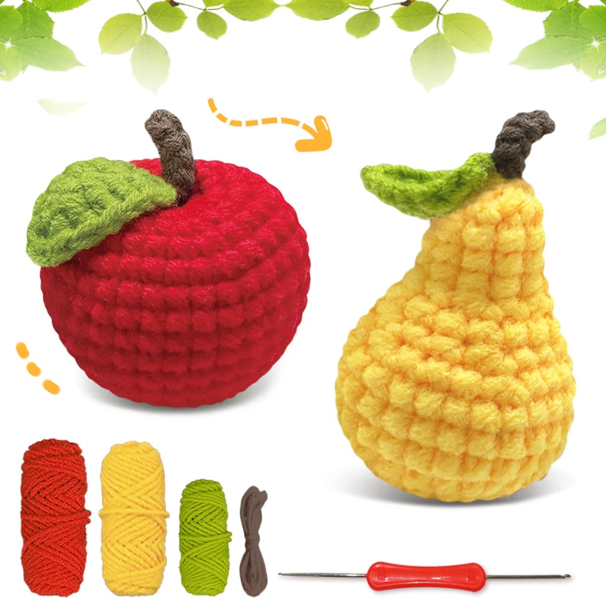 Kit per uncinetto alla frutta da 2 pezzi, kit per maglieria Amigurumi, incluso filato, uncinetto, tutorial video passo dopo passo e istruzioni