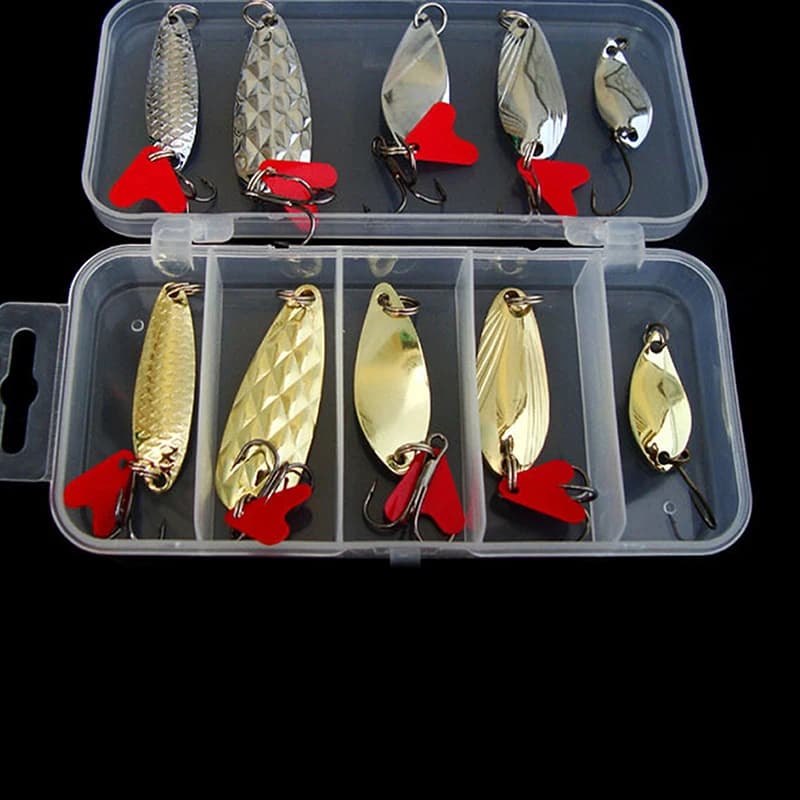 . [SH] Set di 10 Esche Metalliche Dorate e Argentate, Spinner e Wobbler con Scatola Porta Attrezzi da Pesca