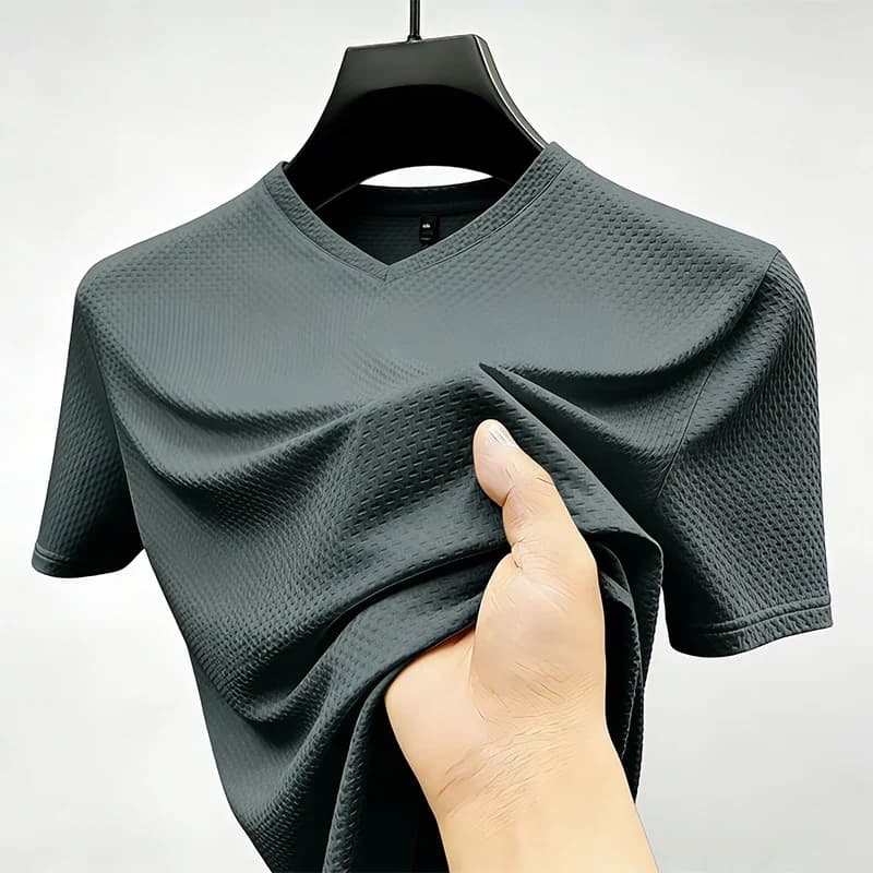 T-Shirt da Uomo con Scollo a V e Maniche Corte in Seta Ghiacciata, Texture Jacquard, Stile Casual Streetwear