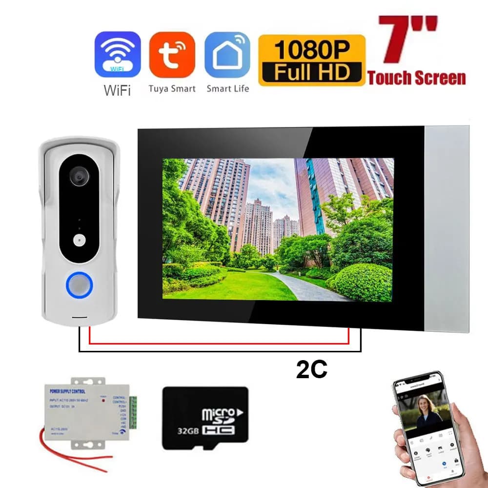 2 fili Smart Home Tuya Wifi 1080P Videocitofono Videocitofono 7 ''Touch Screen a colori Telecamera Campanello Sistema di sicurezza porta