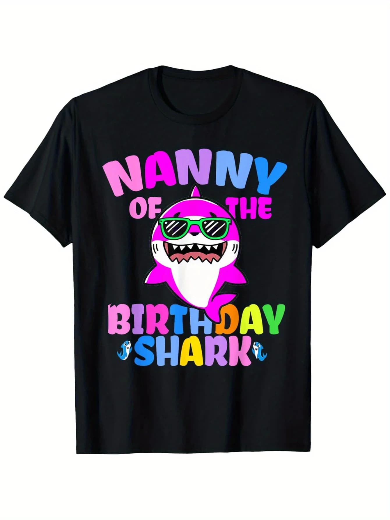 T-shirt compleanno Nanny of the Shark - Cotone nero, design squalo, maglietta per celebrazione familiare/Halloween