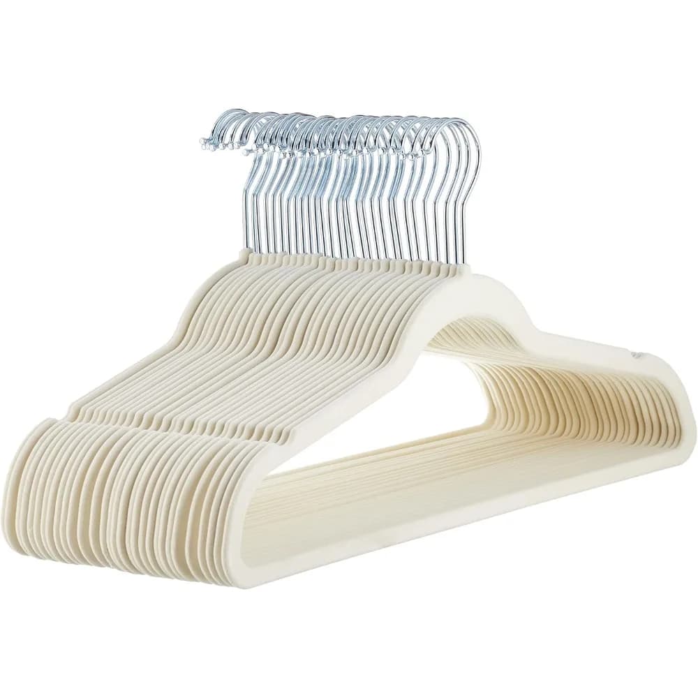 Confezione da 30 appendiabiti sottili in velluto antiscivolo, organizer salvaspazio per armadi, per abiti e vestiti, avorio/beige