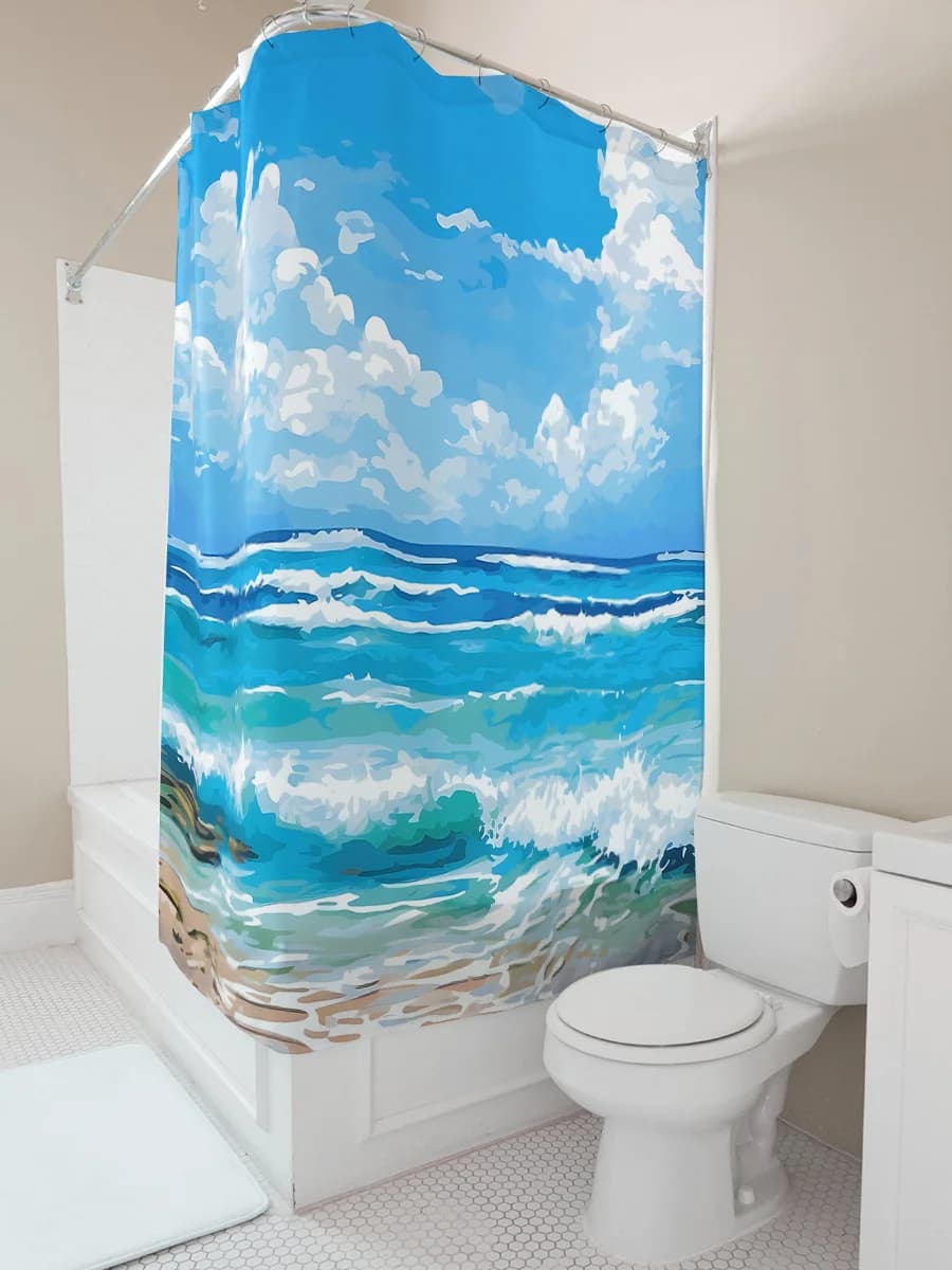 Tenda da doccia con paesaggi balnari - Onde blu dell'oceano e nuvole bianche Decorazione da bagno per la casa e l'hotel Impermeabile durevole