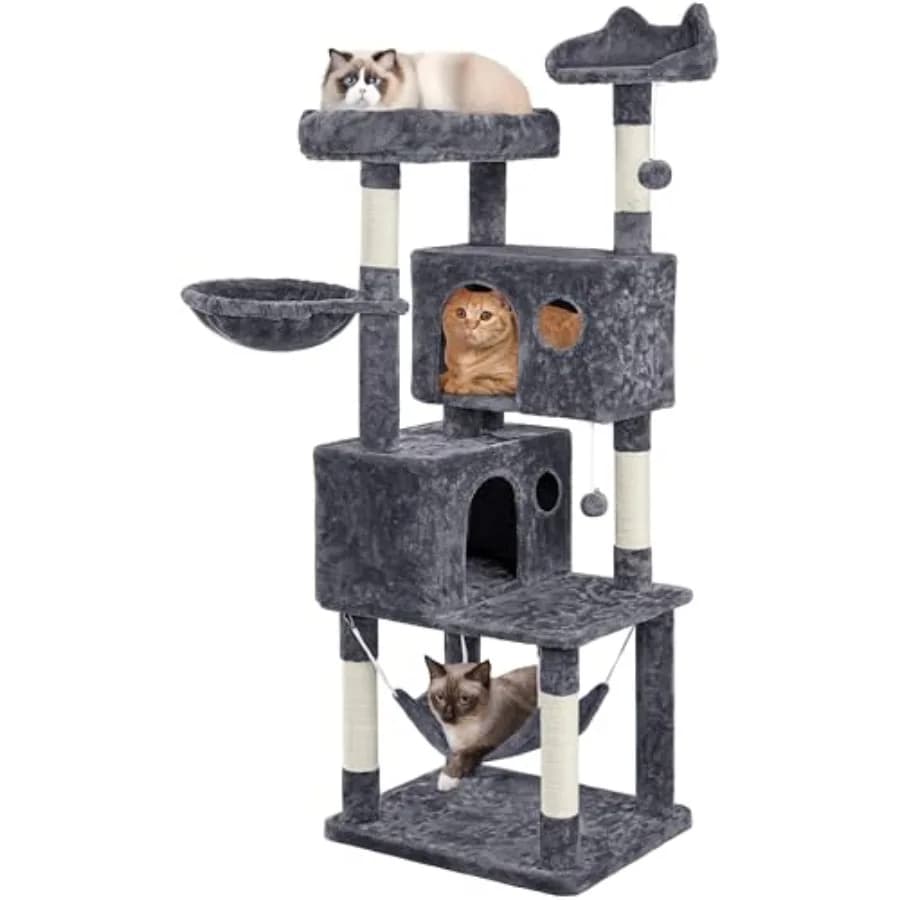 Albero per Gatti Extra Large da 64,5 Pollici con 2 Posti Riposo, 2 Cucce, 5 Tiragraffi, Amaca Divertente, Cesto e Palline Pendenti, Multi-Livello