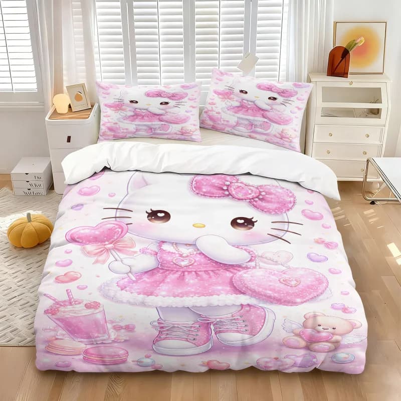 Set Copripiumino Hello Kitty Sanrio, Stampa Cuori Glitterati Rosa Kawaii, Set Biancheria da Letto per Ragazze, Lenzuola Anime Dolci