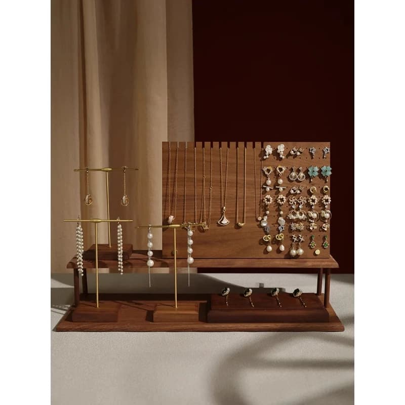 Espositore per gioielli, tavola per orecchini in noce, collana, orecchini, supporto per riporre gioielli, oggetti di scena, ornamenti