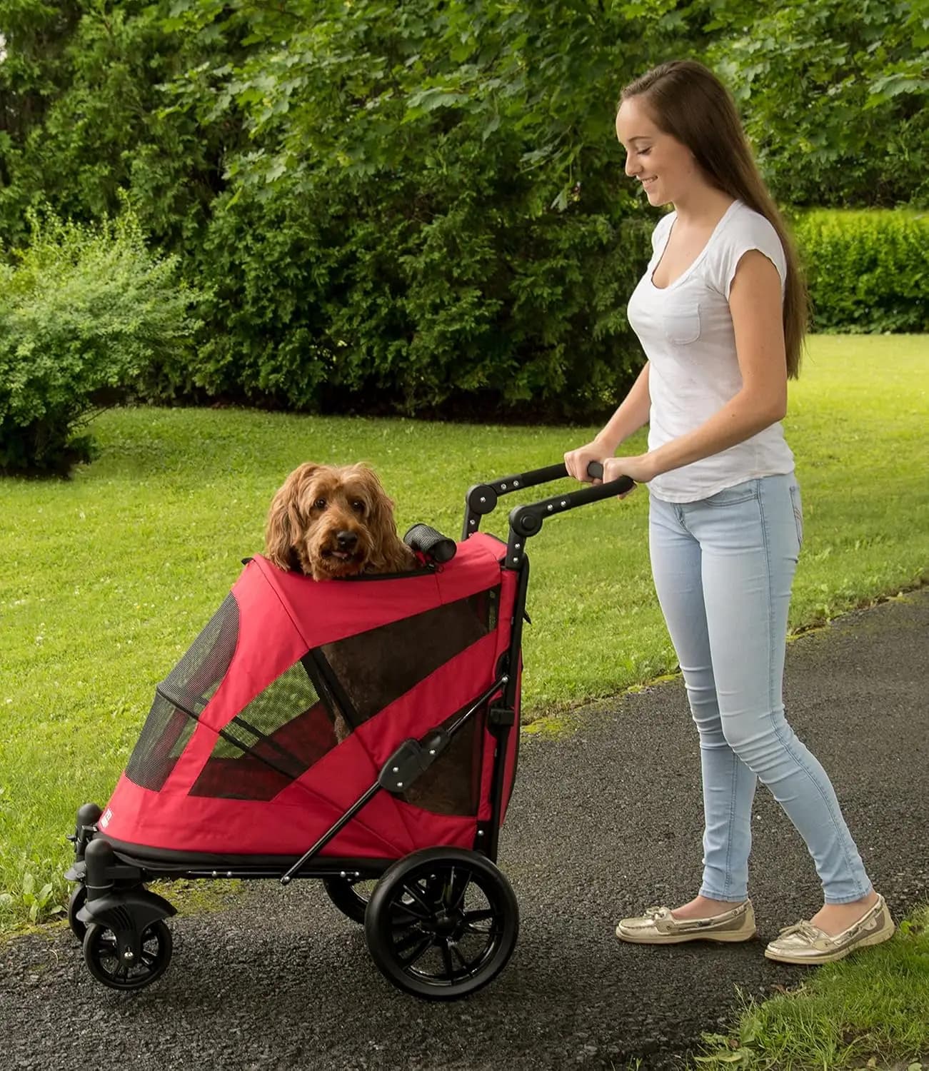 Passeggino per Animali Domestici Senza Cerniera con Doppio Ingresso, Chiusura a Pulsante, Facile Accesso per Cani/Gatti, Pneumatici in Gel