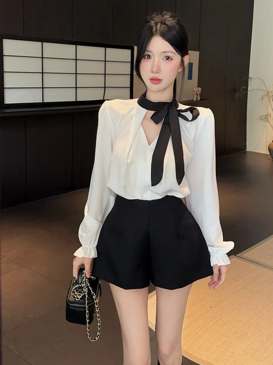 Sweet Knot Long Sleeve Shirt High Waist Shorts Two Piece Set Gentle Style Fashionable Women's Winter Clothing Set