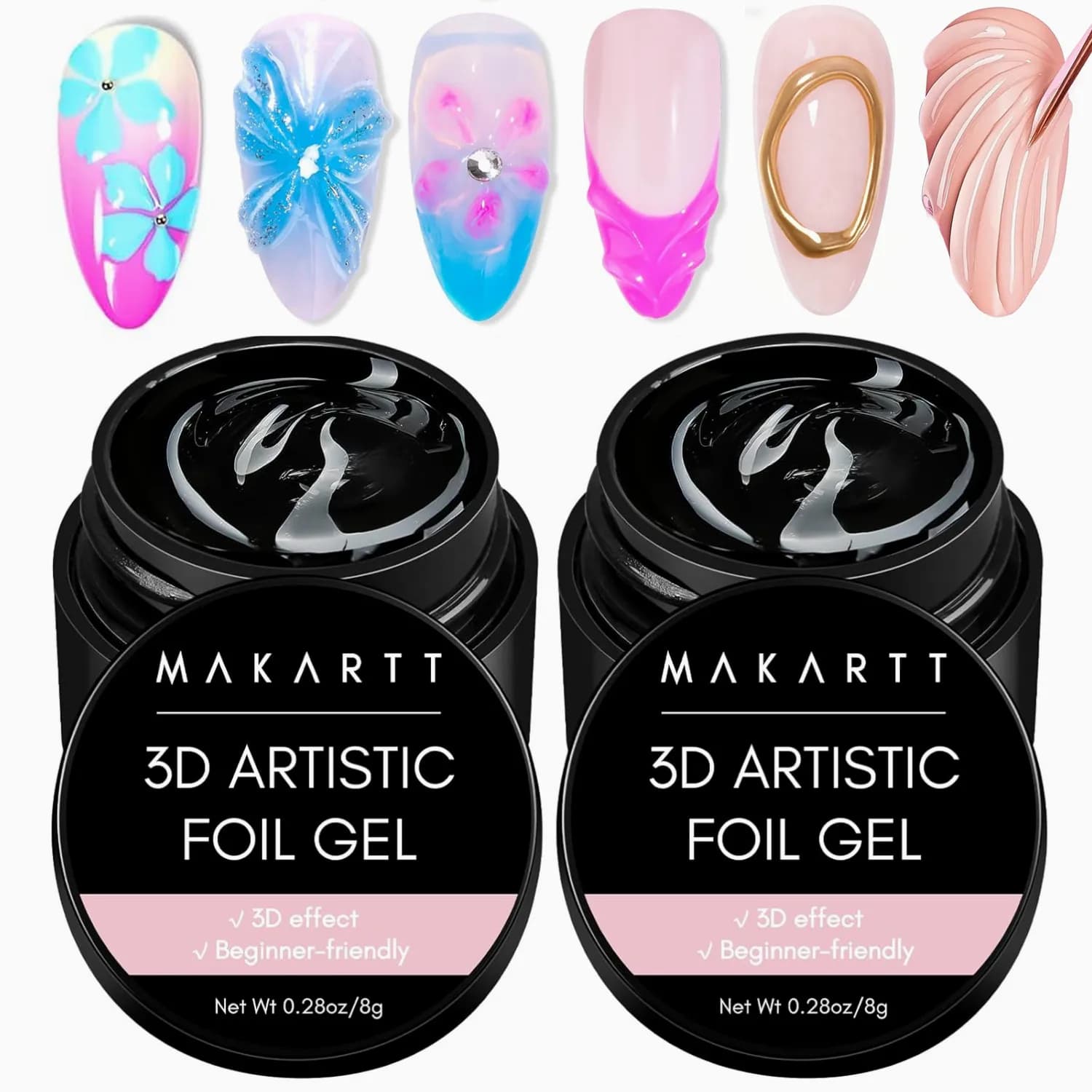 Makartt Gel Unghie 3D 8ml, Colla per Foil Unghie, Gel Adesivo per Trasferimento, Polvere Cromata Effetto Ondulato Lineare per Nail Art, Lampada UV LED