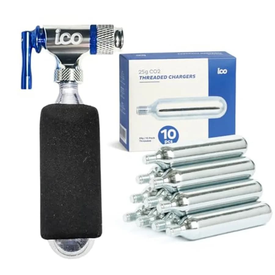 Set di gonfiatori per pneumatici da bici con gonfiatore CO2 e 10 cartucce CO2 filettate da 25g per valvole Presta e Schrader.