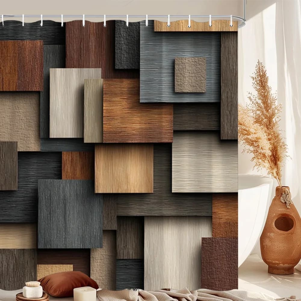Tenda da doccia rustica effetto legno (1 pz) - Design patchwork con assi di legno marrone naturale, venature del legno testurizzate, lavabile in lavatrice con ganci