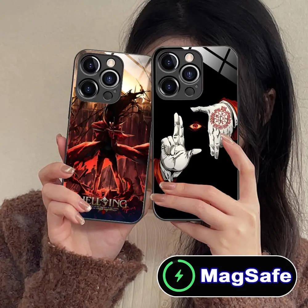 Anime Alucard Hellsing Cassa Del Telefono per iPhone 17 16 15 14 13 12 11 Air Pro Max Plus Mini MagSafe Vetro Colorato Della Copertura Smartphone