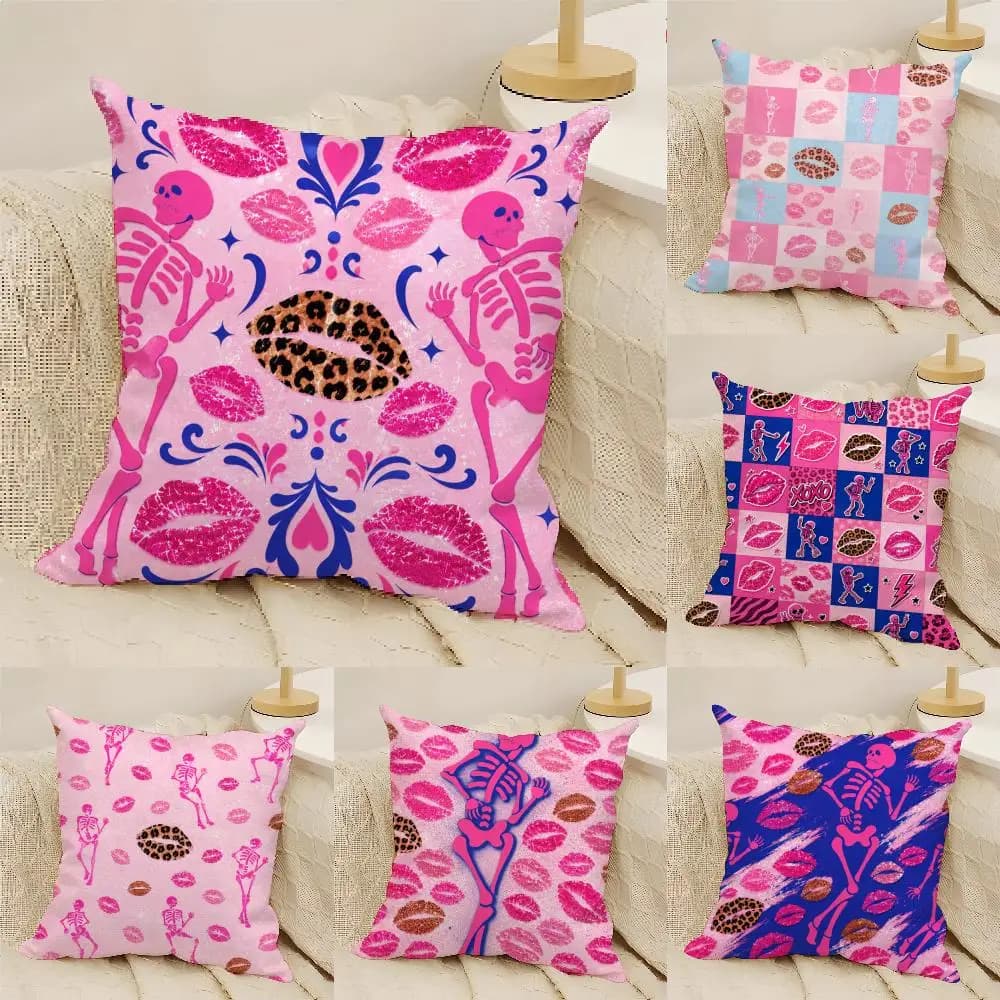 XOXO Pink Skeleton & Lips Cushion Cover Natural Linen Organic Fabric Double-Sided Printing Sofa Home Decor Gift Pillow Cover
