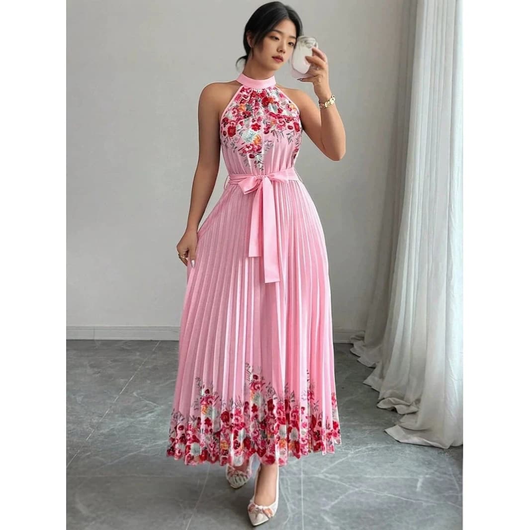 Elegant Floral Print Long Midi Dress with Belt Fashionable A-Line Skirt Neckline Hanging Strap Women's Summer Dress