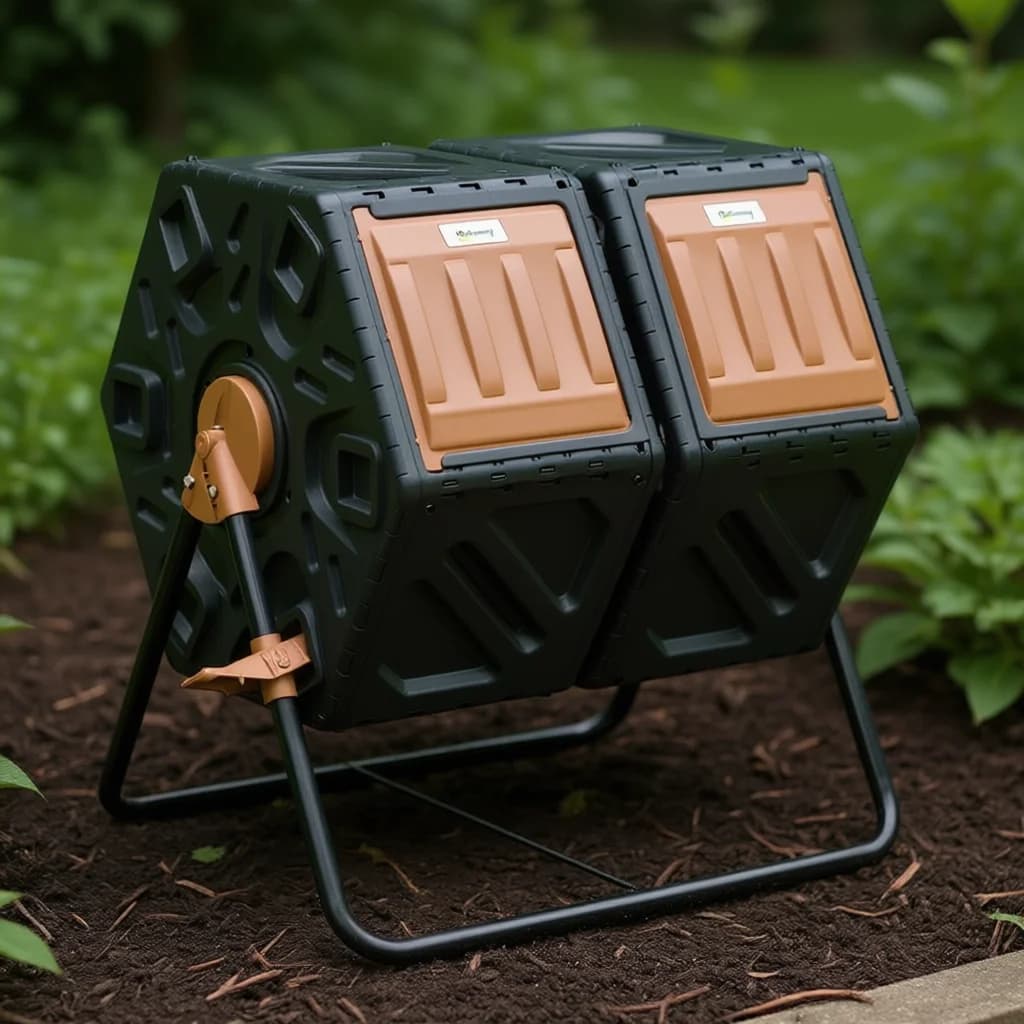 Compostiera a Doppia Camera Outrummy Marrone da 20 Galloni con Aeratore Manuale, Sistema di Compostaggio da Giardino con Garanzia di 3 Anni