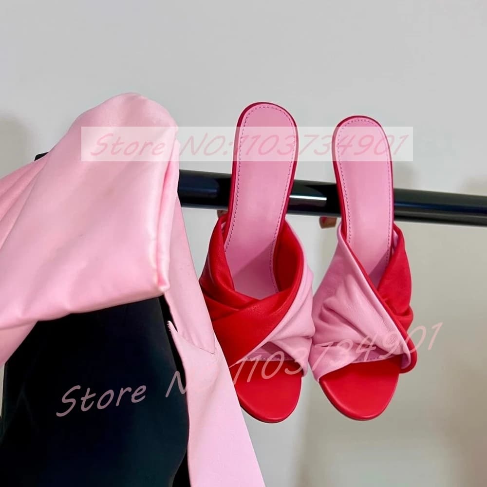 Turned-over Edge Colorblock Pleated Mules Women Red And Pink Two-Tone Open Toe High Heels Mule Sandals Lady Casual Party Shoes