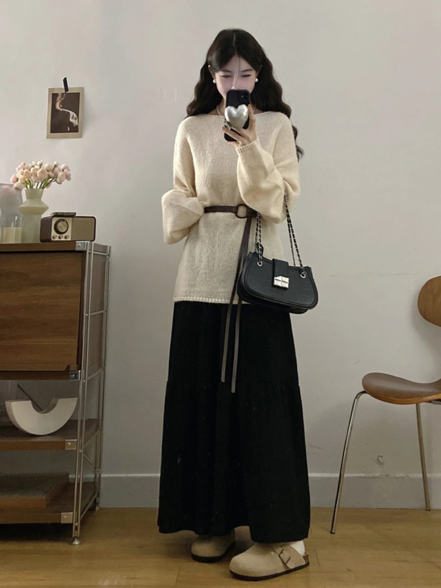 plus Size Slimming Clothing Set Women's Spring Autumn Belted Waist Knitted Top Half Skirt Two Piece Set Conceal Fluffy MM