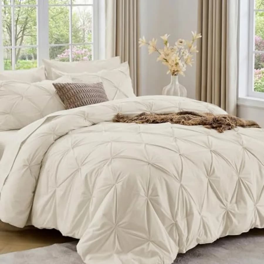 Set Copripiumino 7 Pezzi, Set Biancheria da Letto Pintuck per Tutte le Stagioni, Include Copripiumino, Lenzuolo Piatto, Lenzuolo con Angoli, Federe