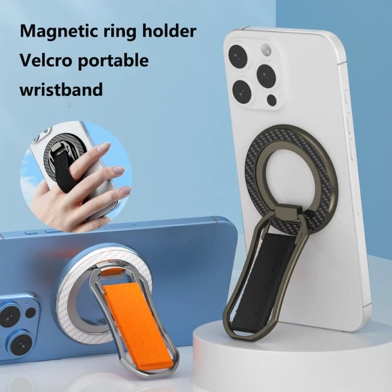 360° Rotatable Magnetic Phone Holder Velcro Design with Wrist Strap Finger Grip Hook For Desktop Live Streaming & Video Shooting
