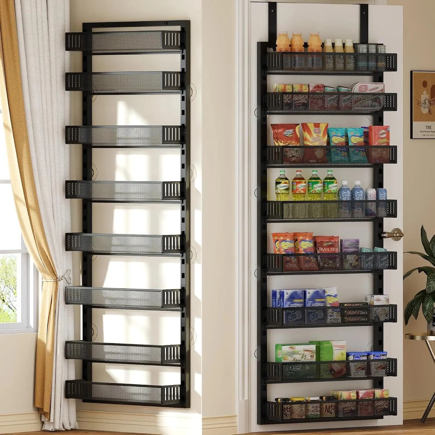 Over The Door Pantry Organizer, 8 Tier Hanging Spice Rack Storage Holder, Wall Mounted Kitchen Bathroom Cabinet Display Shelf, Black Adjustable Wire Metal Baskets Container Rack