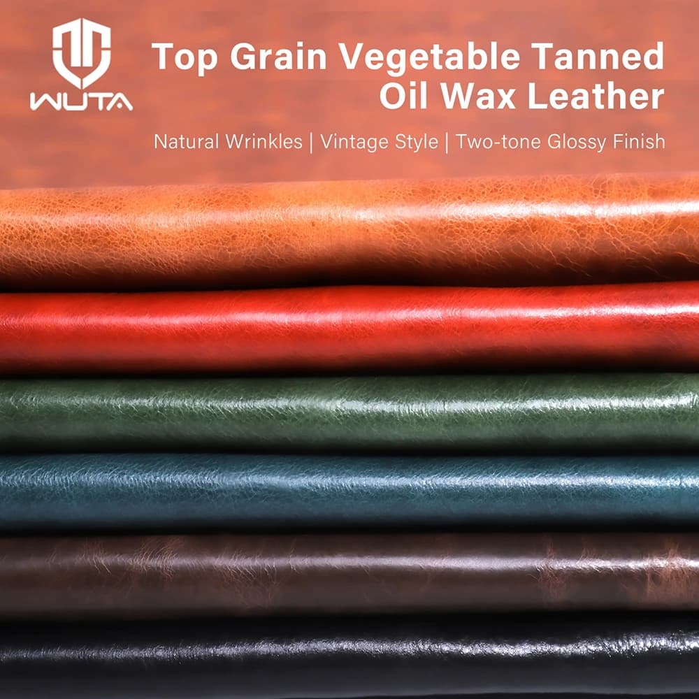 WUTA Oil Waxed Vegetable Tanned Leather Top Grain Genuine Cowhide Leather Sheet DIY Leathercraft Pre-Cut 1-5 Sq.ft Irregular