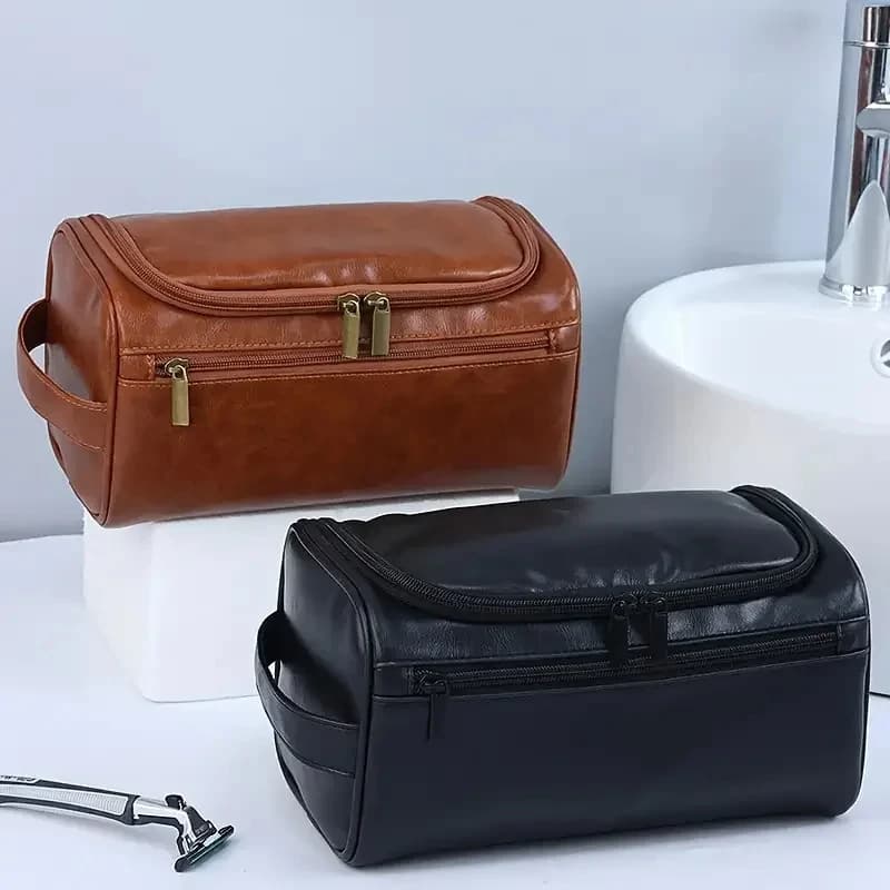 Borsa da Toilette in Pelle per Uomo e Donna, Beauty Case da Viaggio Appendibile, Grande Borsa per Cosmetici