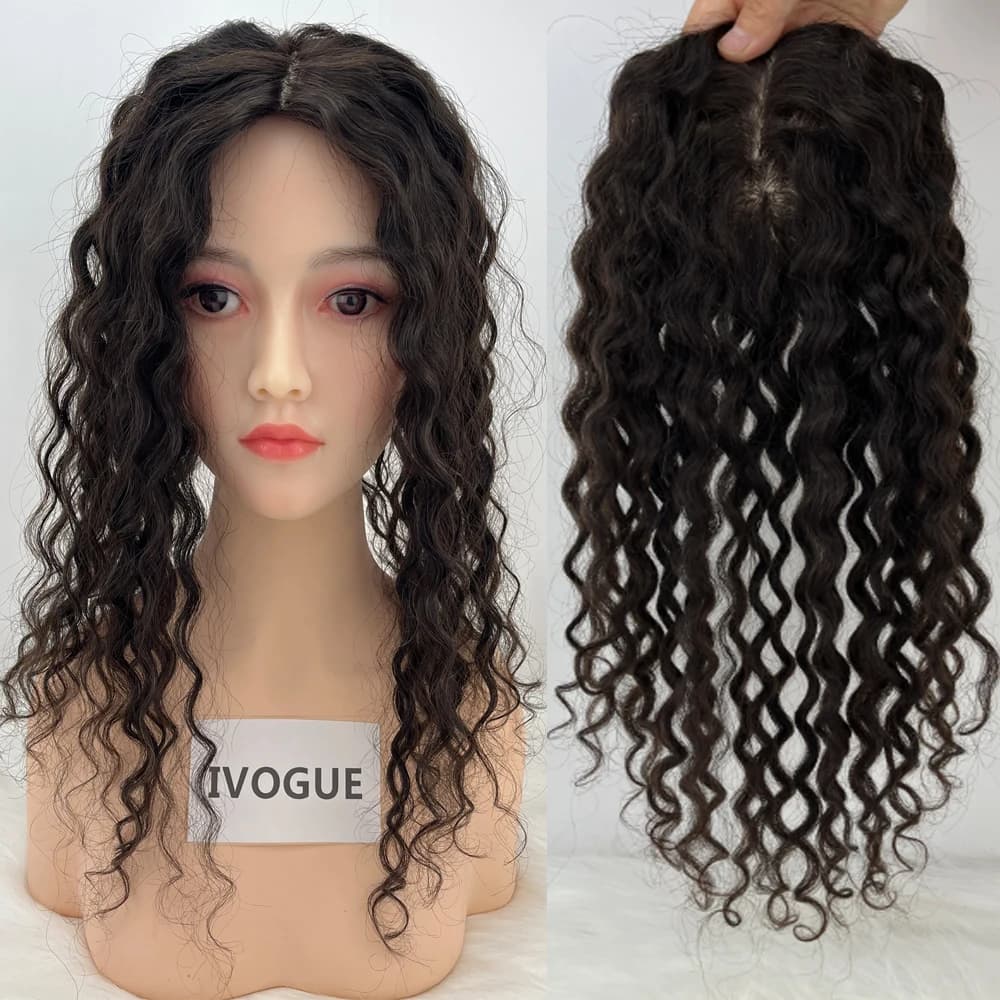 24 inch curly hair topper in European virgin human hair with clip, silk base natural scalp effect, woman toupet with free part