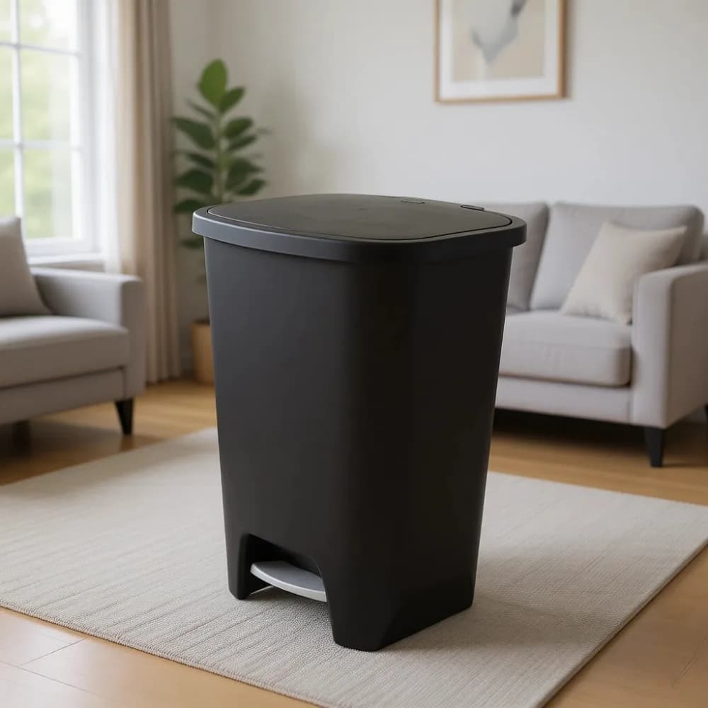 20 Gallon Trash Can with Odor Protection - Plastic Kitchen Waste Bin, Hands Free with Step On Foot Pedal and Bag Rings, Black