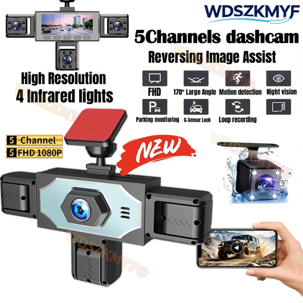 NUOVO Registratore Auto DVR a 5 Canali con Visione a 360 Gradi, Videocamera 1080P, WiFi, Dashcam, Monitoraggio Parcheggio 24h e Telecamera Posteriore, Scatola Nera per Auto